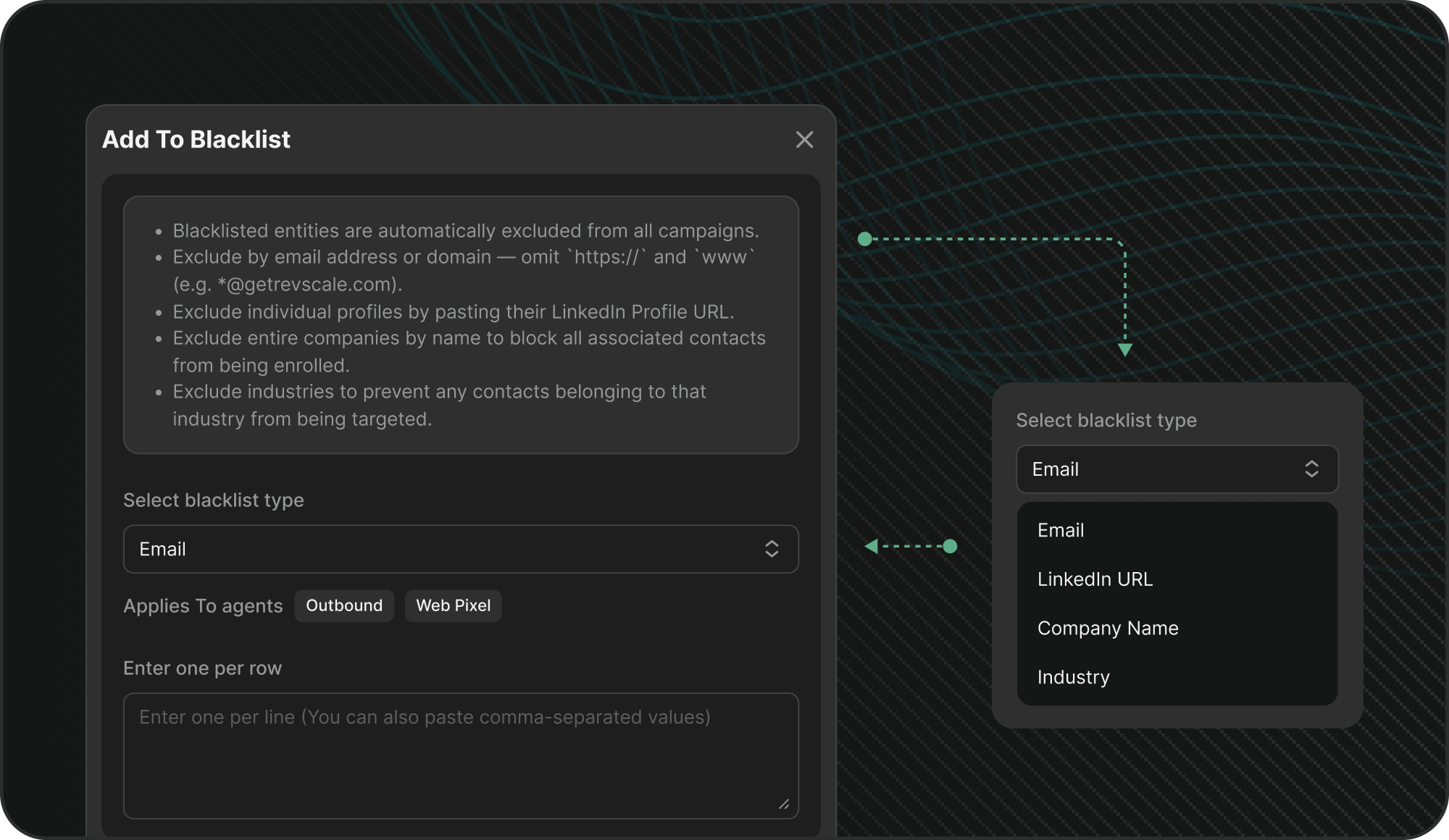Revscale outbound blacklist view showing excluded domains, protected accounts, and do-not-contact rules applied to each campaign